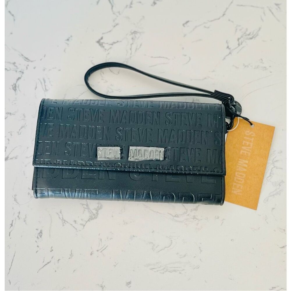 Steve Madden Mason Clutch Wristlet Wallet Black Embossed Smartphone Cell Case